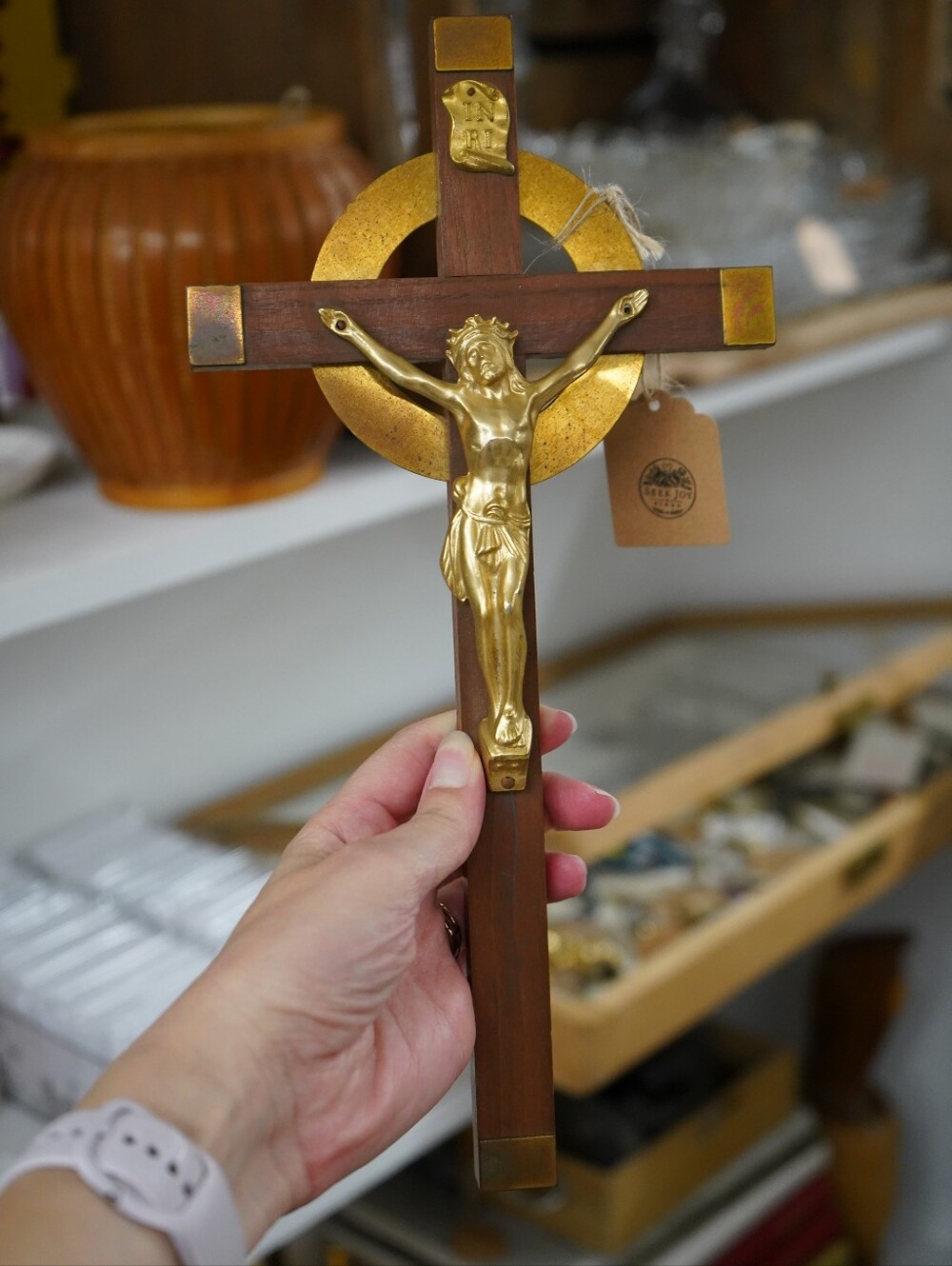 Vintage 1970s Gold and Wood Crucifix Wall Cross